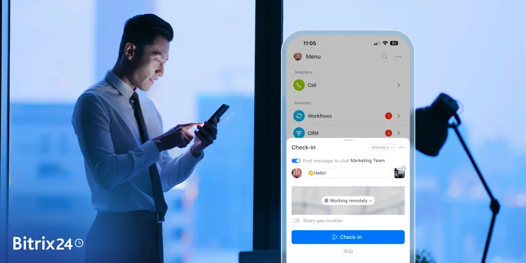 Check-in w Bitrix24: poinformuj o rozpoczęciu dnia pracy